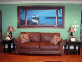 Trompe loeil Mural featuring the Block Island Ferry returning to Point Judith by Artists Bonnie Lee Turner and Charles C. Clear III