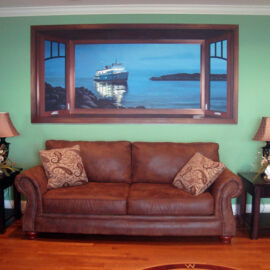 Trompe loeil Mural featuring the Block Island Ferry returning to Point Judith by Artists Bonnie Lee Turner and Charles C. Clear III