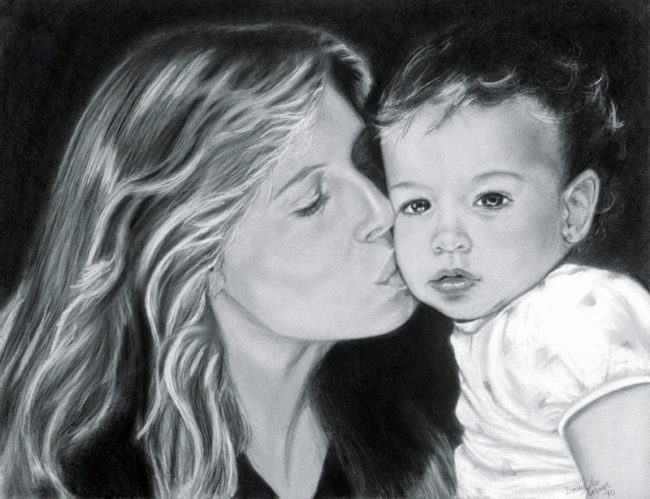 Mother and Child Hand Drawn Portrait by Artist Bonnie Lee Turner