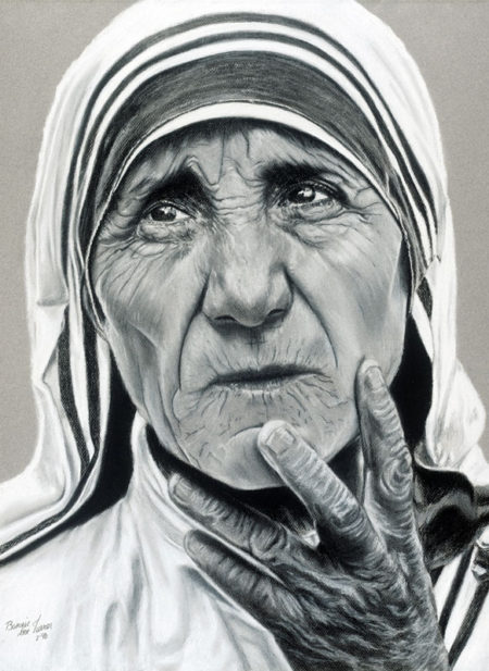 Mother Teresa Charcoal and Pastel Portrait by Artist Bonnie Lee Turner