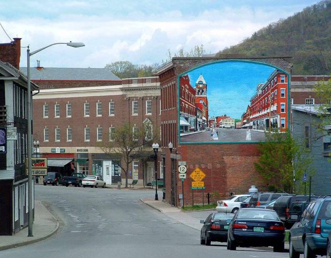 Historical Mural in Bellows Falls Vermont by Artists Charles C. Clear III and Bonnie Lee Turner of The Art Of Life