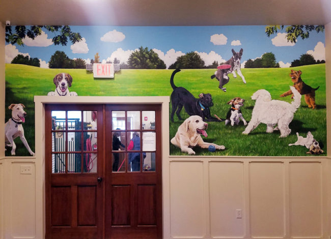Happy Dogs Wall Mural was Painted at Shultz's Guest House, a Dog Rescue Shelter in Dedham, Massachusetts, by The Art Of Life in 2019
