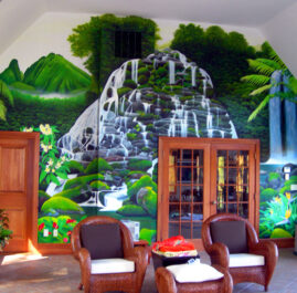 Waterfall Mural Painted in Solarium of Luxury Home by Artists Bonnie Lee Turner and Charles C. Clear III