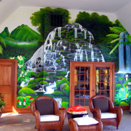 Waterfall Mural Painted in Solarium of Luxury Home by Artists Bonnie Lee Turner and Charles C. Clear III