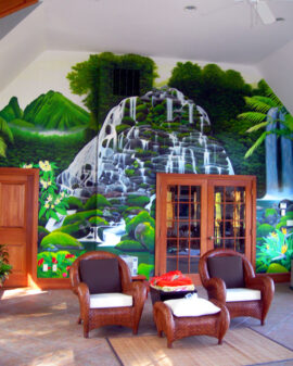 Waterfall Mural Painted in Solarium of Luxury Home by Artists Bonnie Lee Turner and Charles C. Clear III