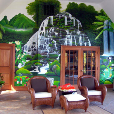 Waterfall Mural Painted in Solarium of Luxury Home by Artists Bonnie Lee Turner and Charles C. Clear III