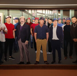 Fenway Park Red Sox Mural by The Art Of Life features Jason Varitek, Jonathan Papelbon, Terry Francona, Dennis Eckersley, Carl Yastrzemski, Joe Cronin, Fred Lynn, Ted Williams, Roger Clemens, Mookie Betts, Johnny Pesky, Bobby Doerr, Dwight Evans, Luis Tiant, David Ortiz, Curt Schilling