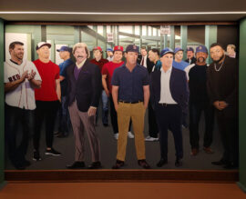 Fenway Park Red Sox Mural by The Art Of Life features Jason Varitek, Jonathan Papelbon, Terry Francona, Dennis Eckersley, Carl Yastrzemski, Joe Cronin, Fred Lynn, Ted Williams, Roger Clemens, Mookie Betts, Johnny Pesky, Bobby Doerr, Dwight Evans, Luis Tiant, David Ortiz, Curt Schilling