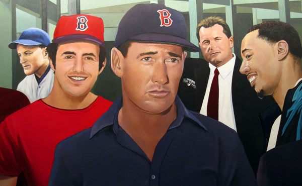 Red Sox Mural featuring portraits of Ted Williams, Fred Lynn, Mookie Betts, and others