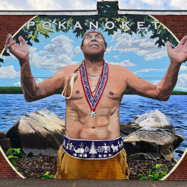 Mural featuring the Pokanoket leader Metacomet standing at Potumtuk. Painted by Charles C. Clear and Bonnie Lee Turner.