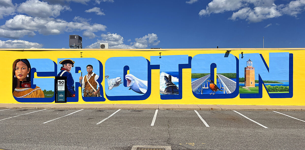 Postcard-style mural at the Groton Shoppers Mart celebrates the past and present of Groton, Connecticut