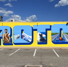 Postcard-style mural at the Groton Shoppers Mart celebrates the past and present of Groton, Connecticut